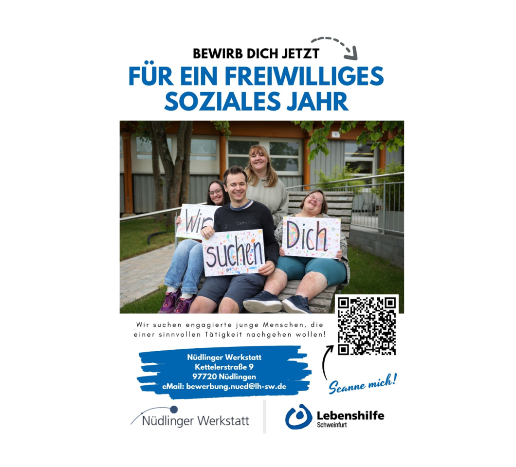 Bild zeigt 3 lachende Menschen mit Schilder auf denen eine freiwillige Betreuungsperson gesucht wird. 