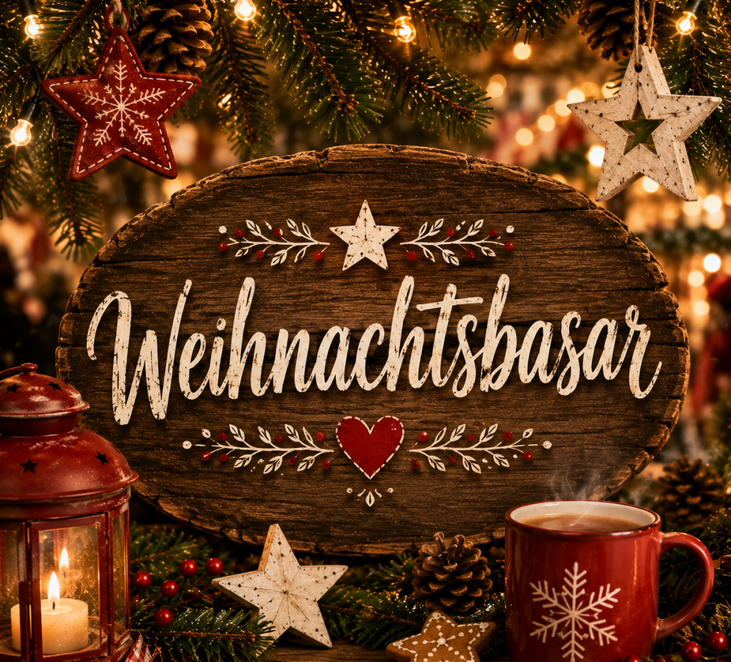 Bild zeigt Weihnachtsdekoration und ein Schild mit der Aufschrift Weihnachtsbasar